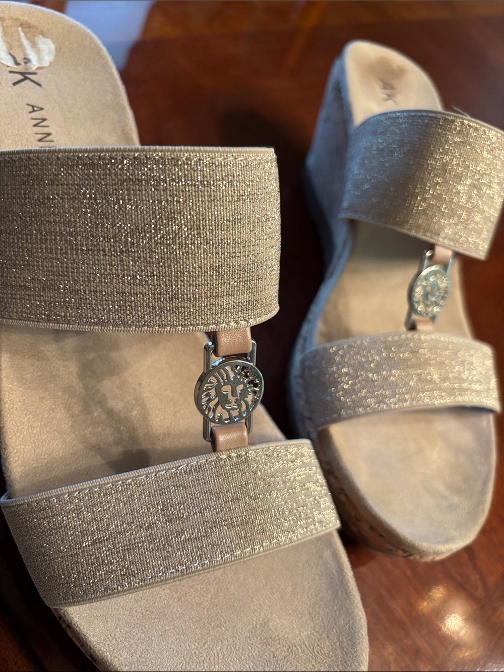 Anne Klein Beige Gold-Accent Double Strap Slide Sandals - Picture 3 of 3